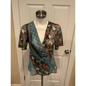Tiny Multicolor Floral & Diamond Print V-Neck Wrap Shirt, Size XXS